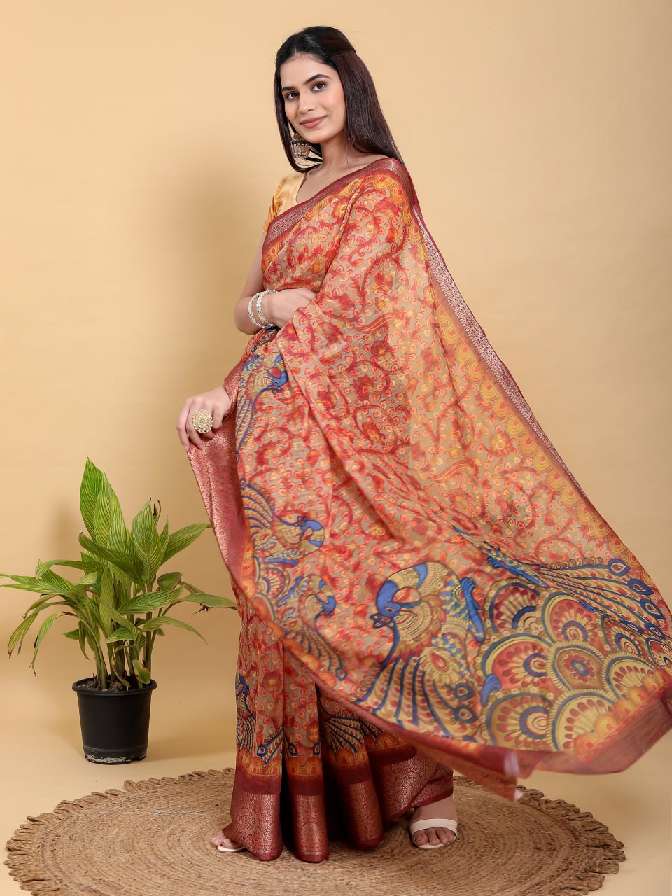 Vibrant Red Peacock Print Linen Cotton Saree | Jacquard Patta Saree with Maroon Zari Border